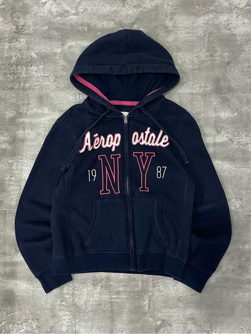 Vintage Aeropostale NY 1987 Zip Up Hoodie Navy Pink Womens Large